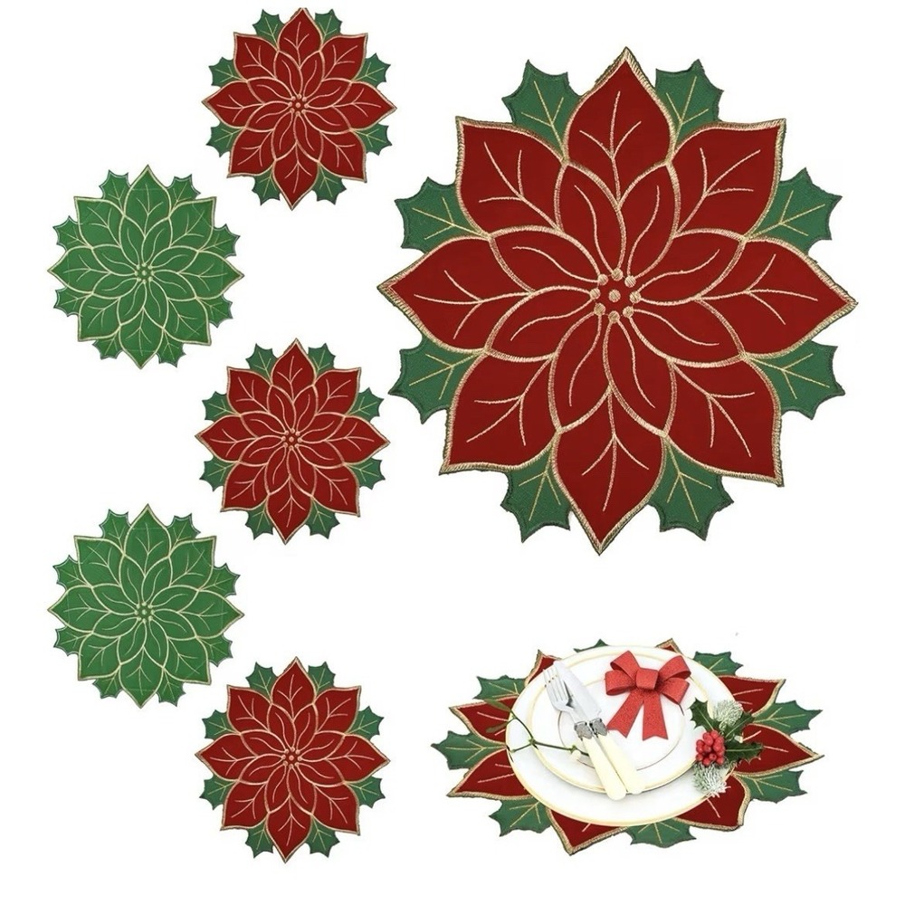 Christmas Placemats Set of 6 Christmas 14 x 14 Inch Poinsettia Style [i]
